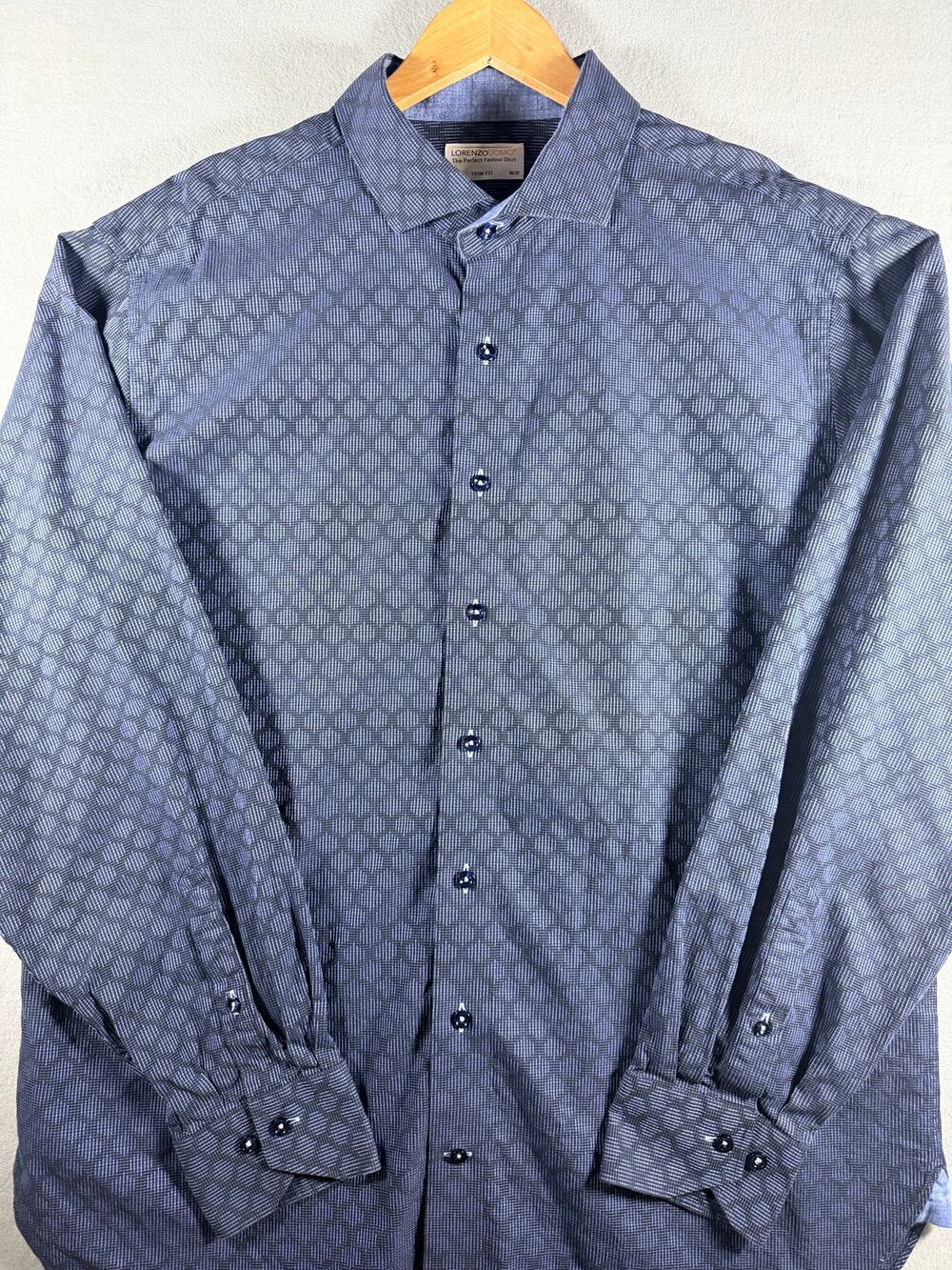 Lorenzo Uomo Men’s Dress Shirt 18 36/37 Trim Fit Navy Blue Geometric Long Sleeve